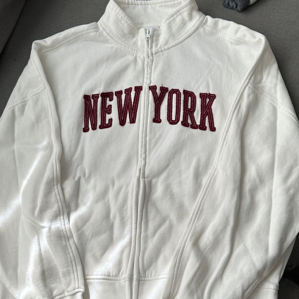 Harlow Cream Zip-Up Jacket with Red Embroidery
